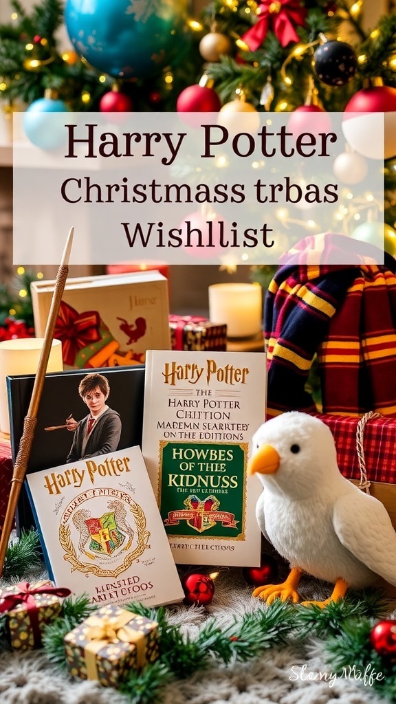 A collection of Harry Potter themed gifts including a wand, house scarf, and plush toy, arranged for Christmas.